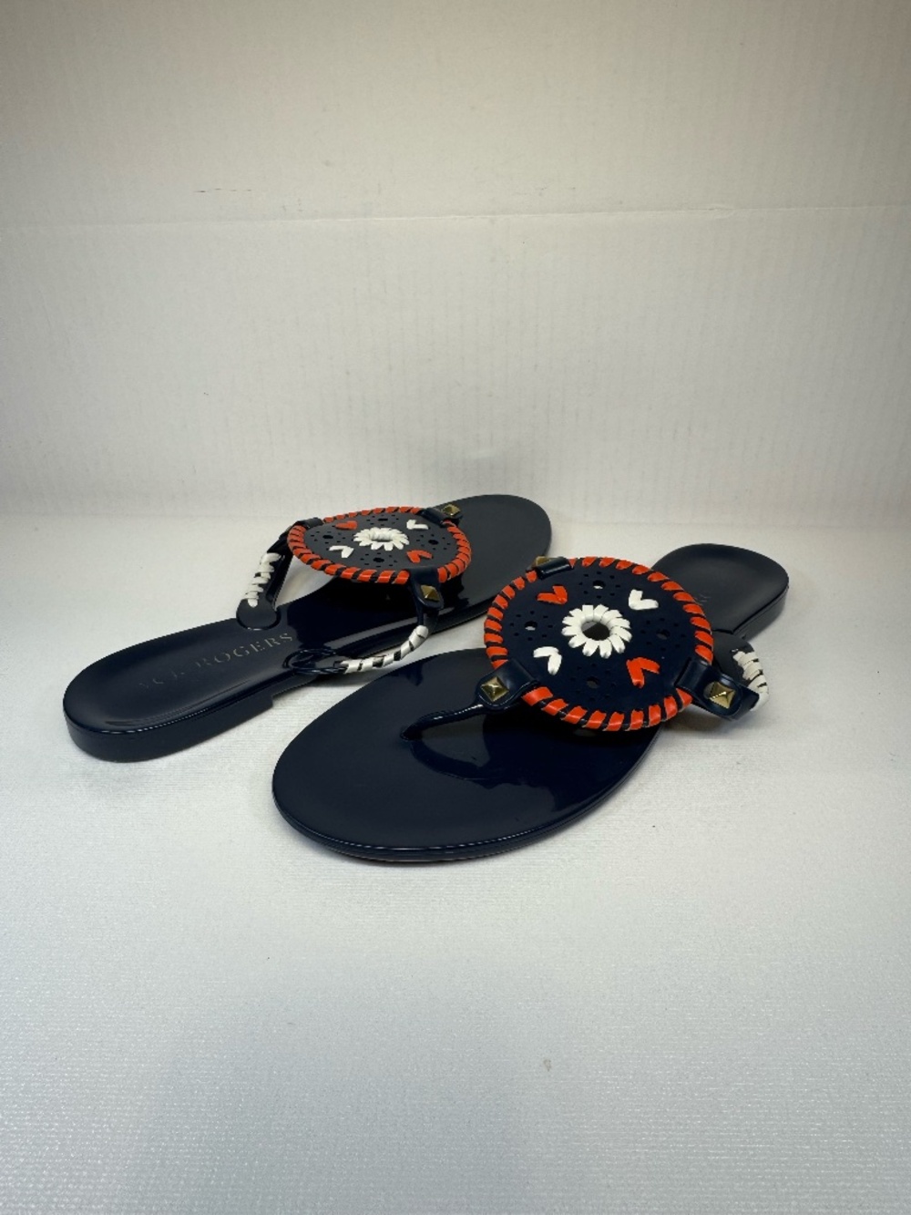 Jack Rogers Navy Jelly Thong Sandals Whipstitch Medallion Flip Flops Size 9
